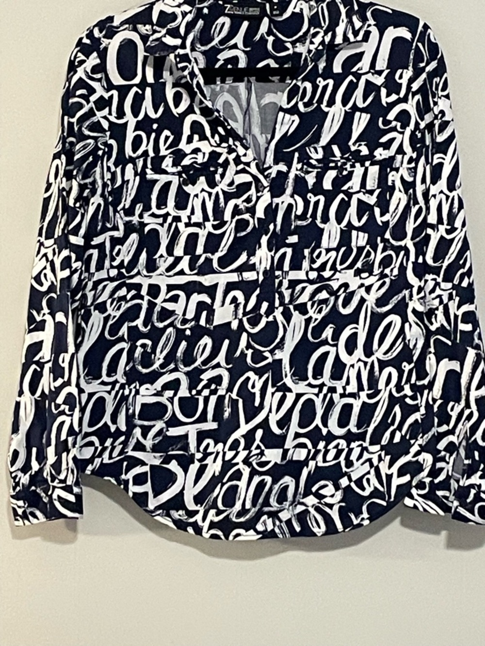 Zelie for She Navy & White Script-Print Button Down Shirt. Item # 11418